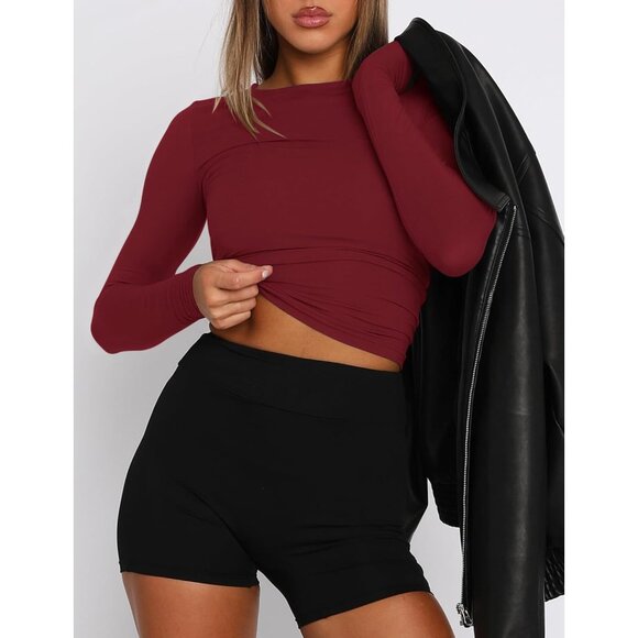 Long Sleeve Crop Top Women Cotton Spandex Slim Fit Fall Outfit - Picture 3 of 5